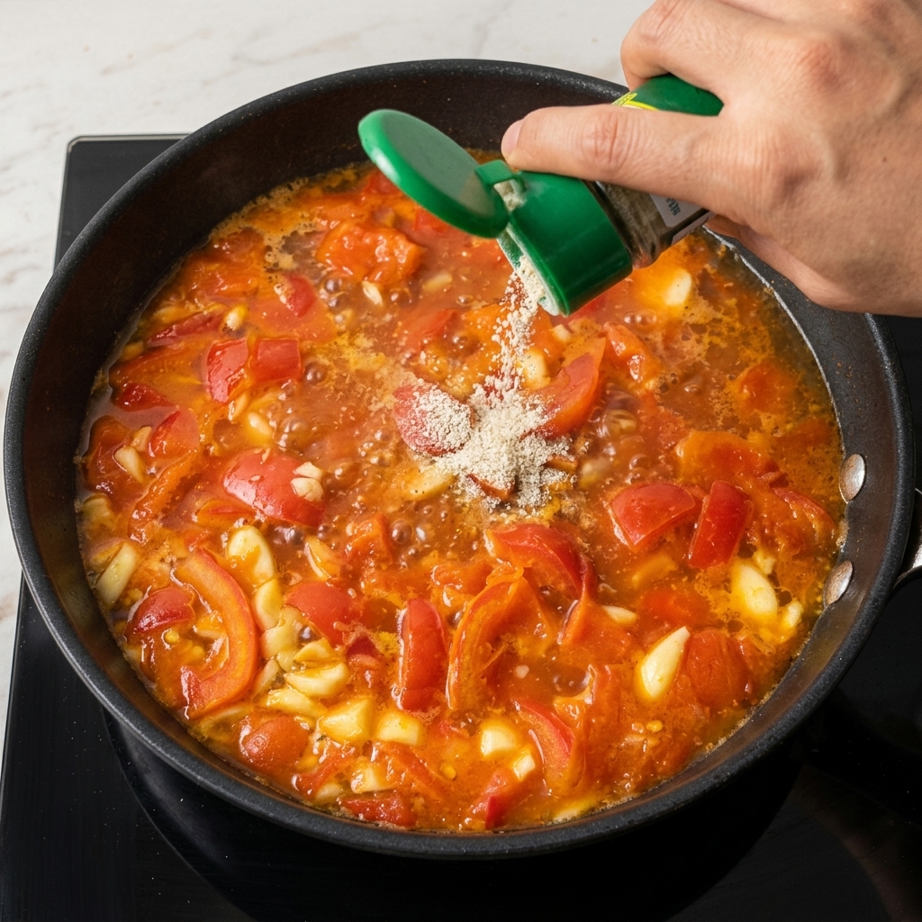White pepper powder being shaken from a bottle with a green lid into a simmering tomato soup.