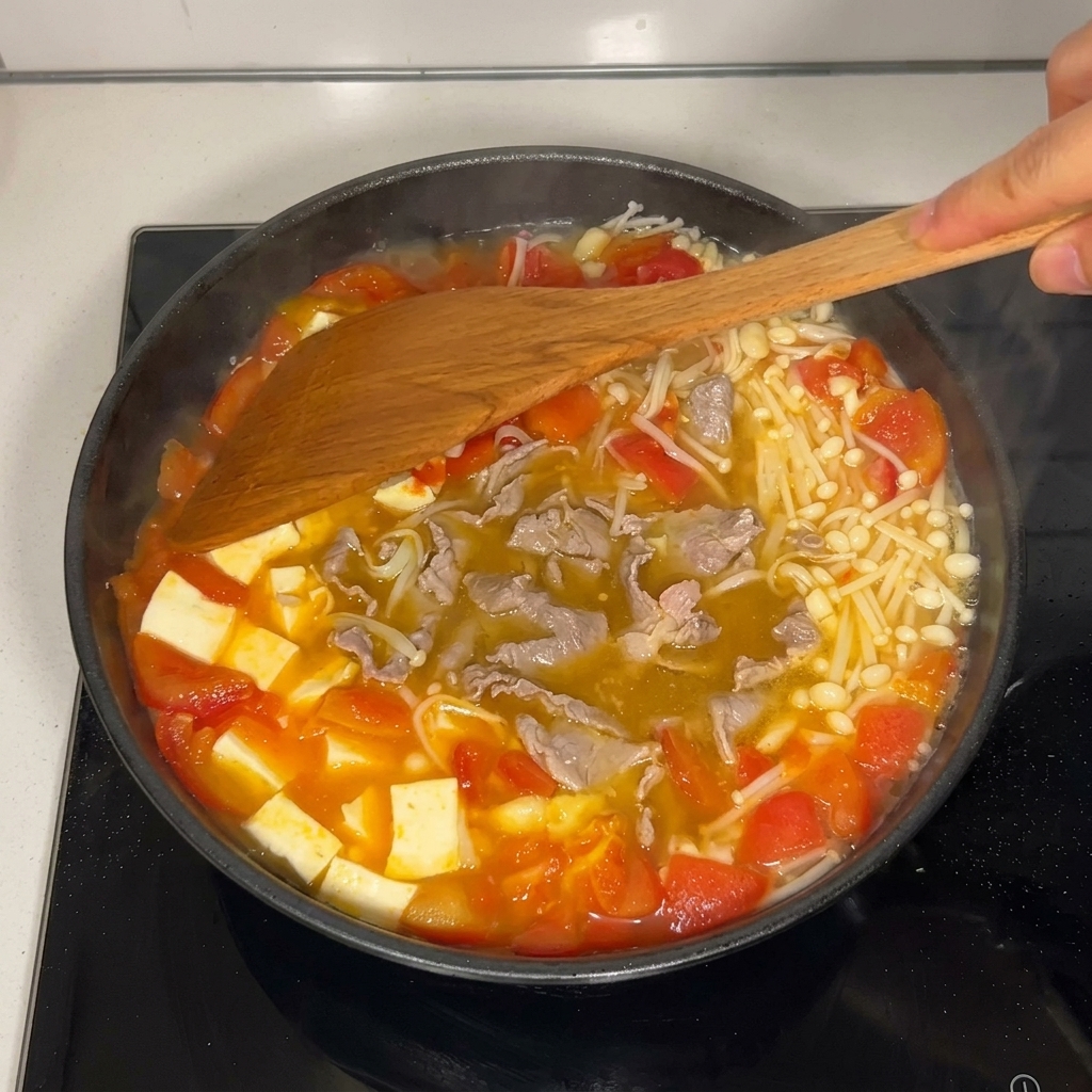 A wooden spatula gently combining beef slices, tofu blocks, and enoki mushrooms in a rich, bubbling tomato broth.