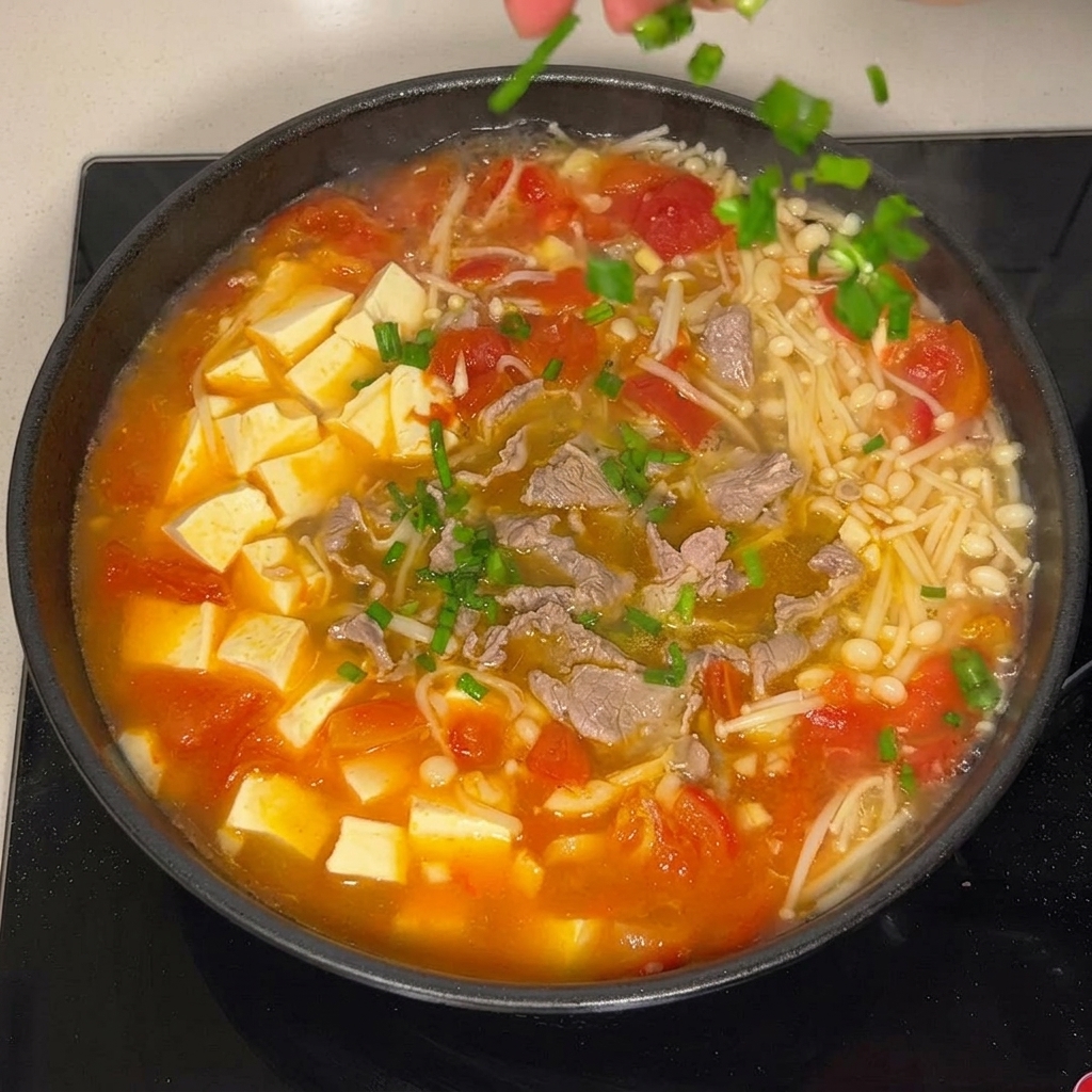 Freshly chopped green scallions being sprinkled from above onto a hot, bubbling pan of tomato soup with beef, tofu, and enoki mushrooms.