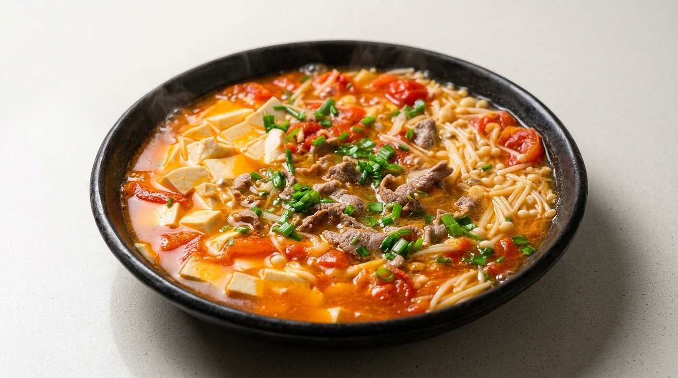 A steaming bowl of vibrant tomato tofu beef soup garnished with freshly chopped green scallions.