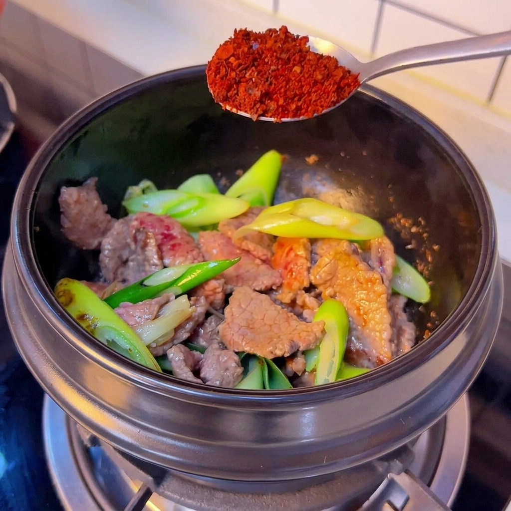 A silver spoon holding coarse red chili powder over a black pot filled with stir-fried beef and green onions.