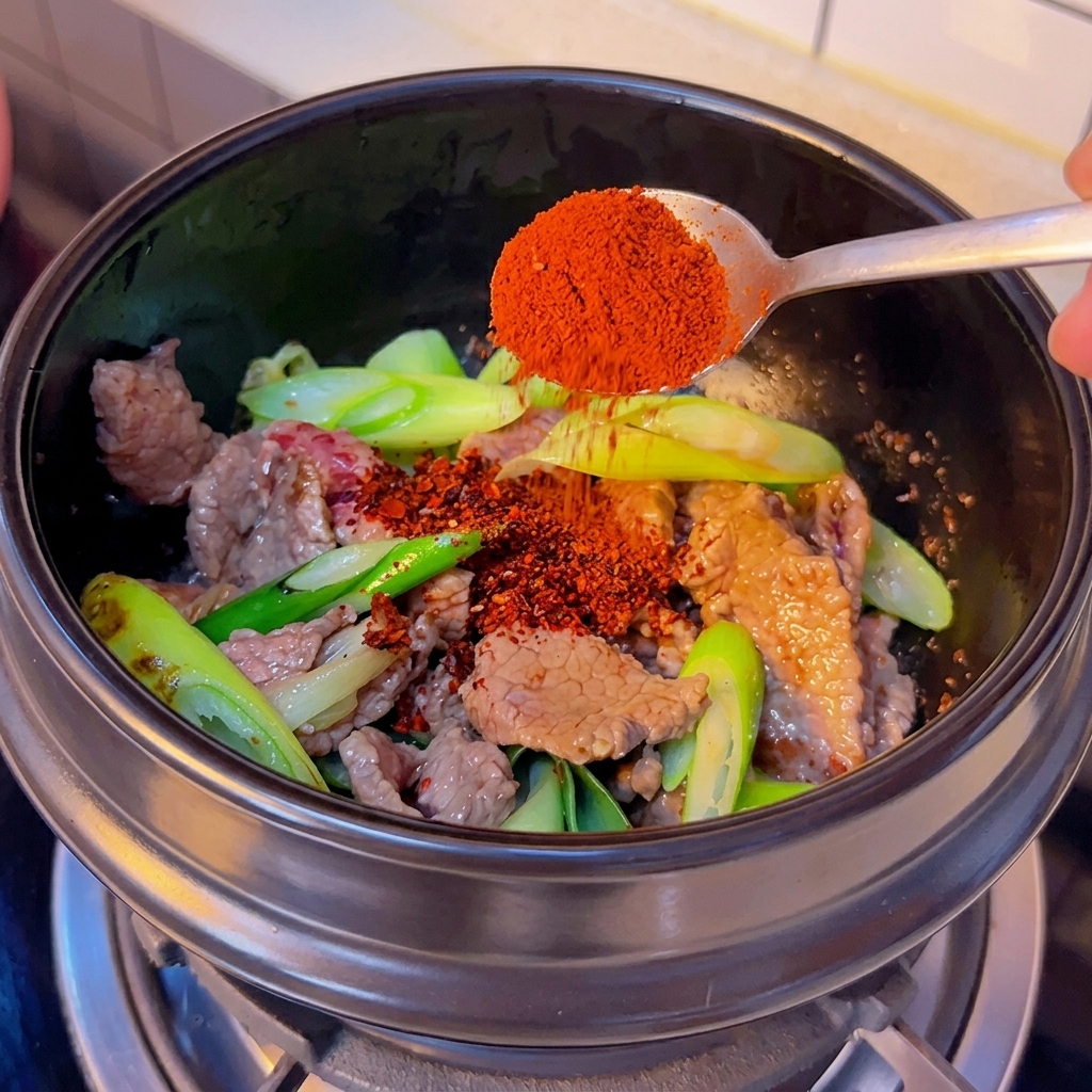 Fine red chili powder being sprinkled from a spoon onto the stir-fried beef mixture in a black pot.