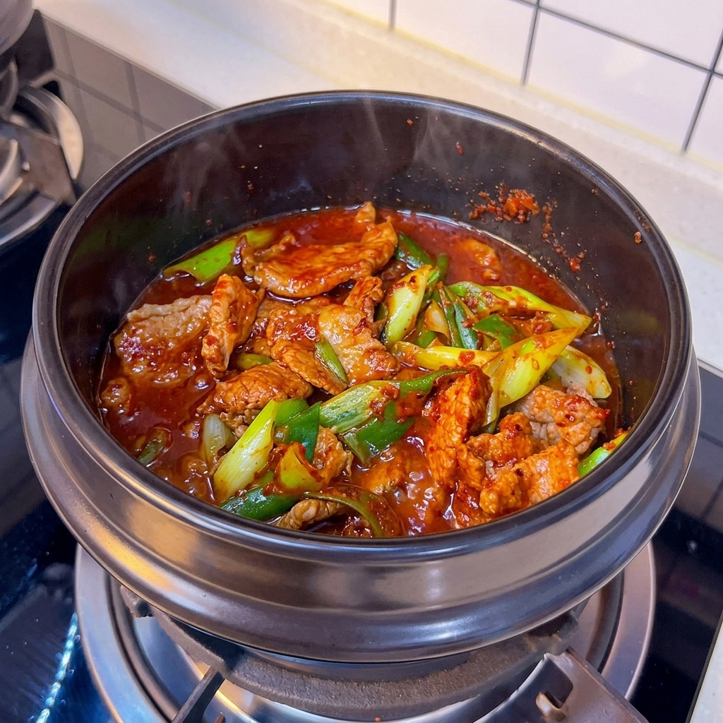 A simmering red broth with beef slices and green onions inside a black clay pot after water has been added.