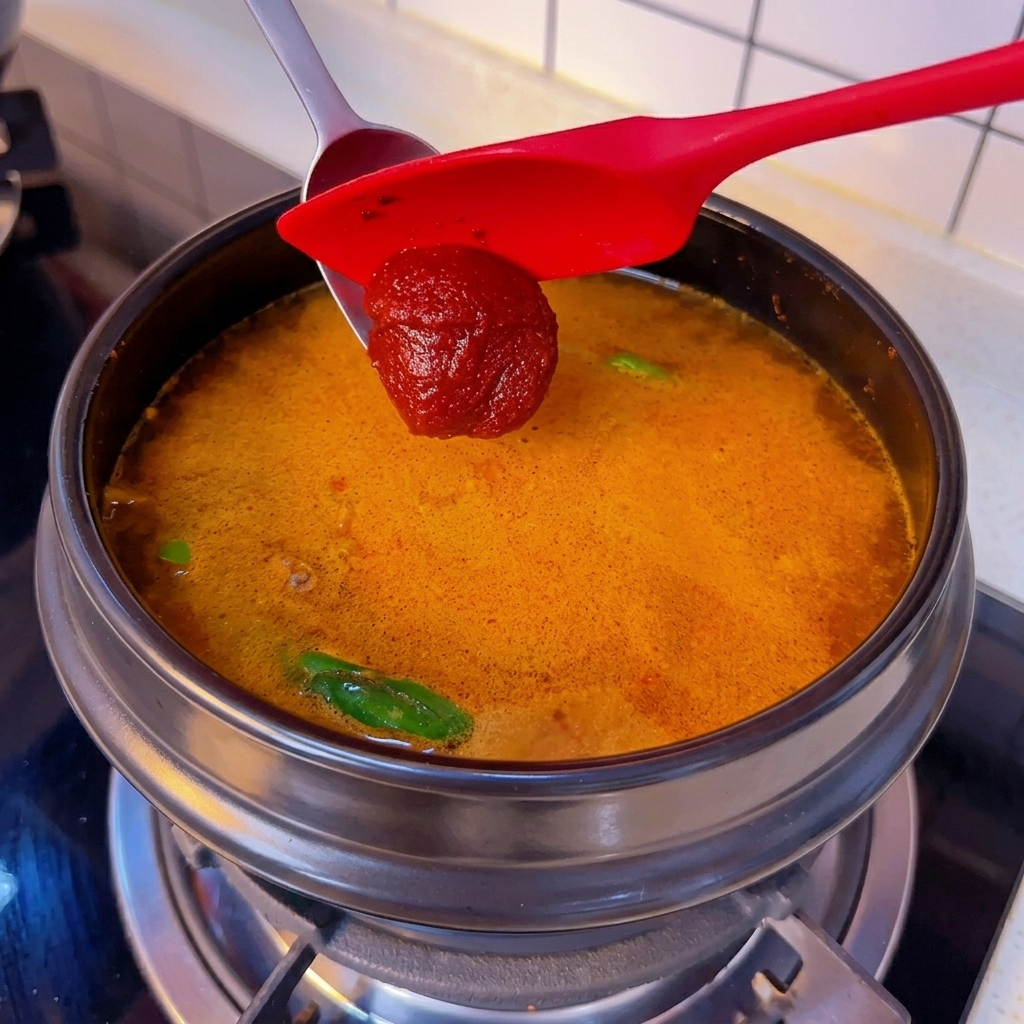 A dollop of thick red Korean chili paste on a spoon being lowered into a simmering orange-red broth base.