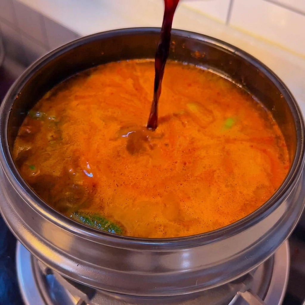A dark stream of light soy sauce being poured into a rich, orange-red soup base bubbling inside a black clay pot.