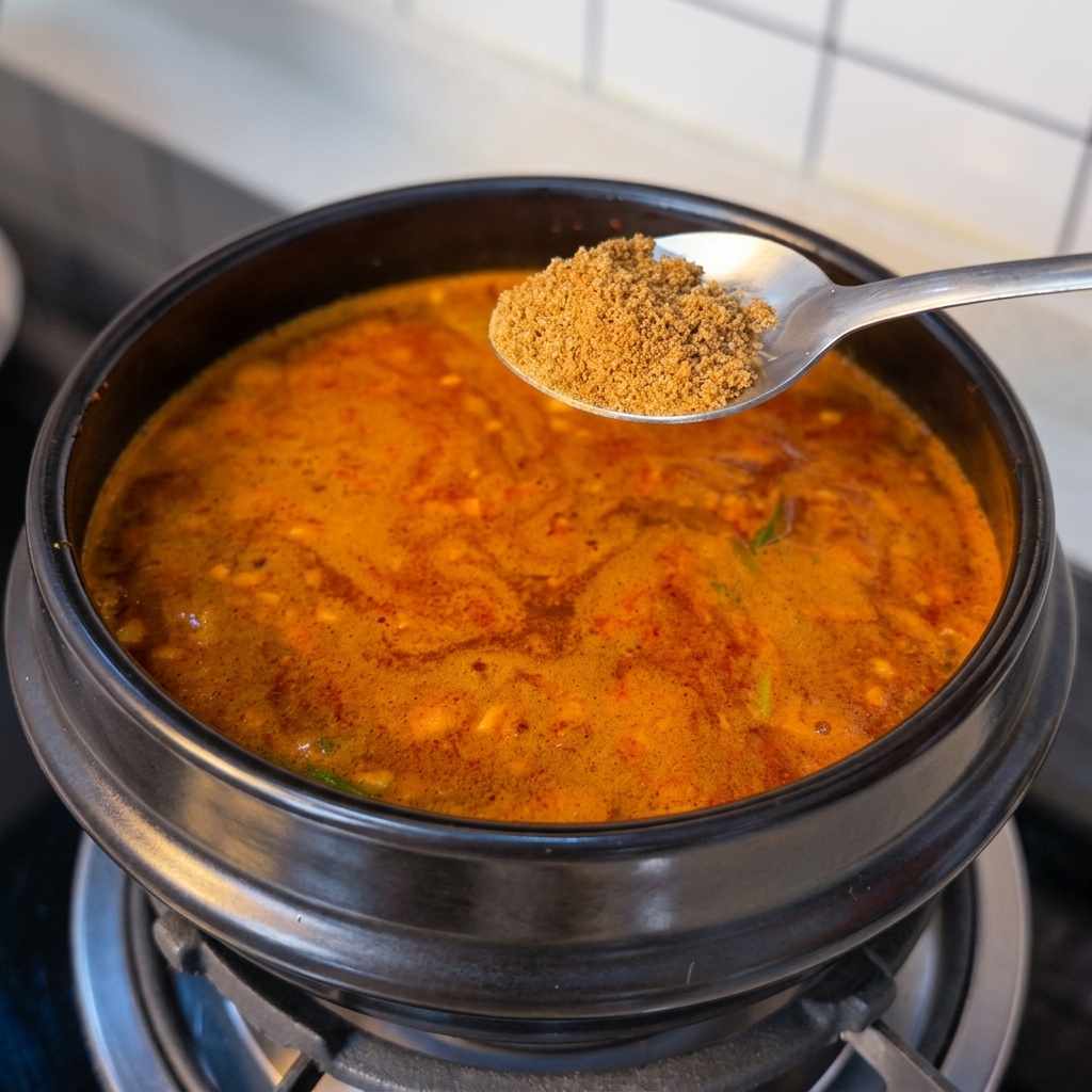 A spoonful of brown beef seasoning powder being held over a simmering pot of red stew.