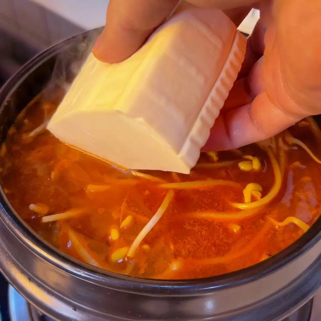 A hand gently sliding a solid block of white soft tofu into a spicy red stew filled with bean sprouts.