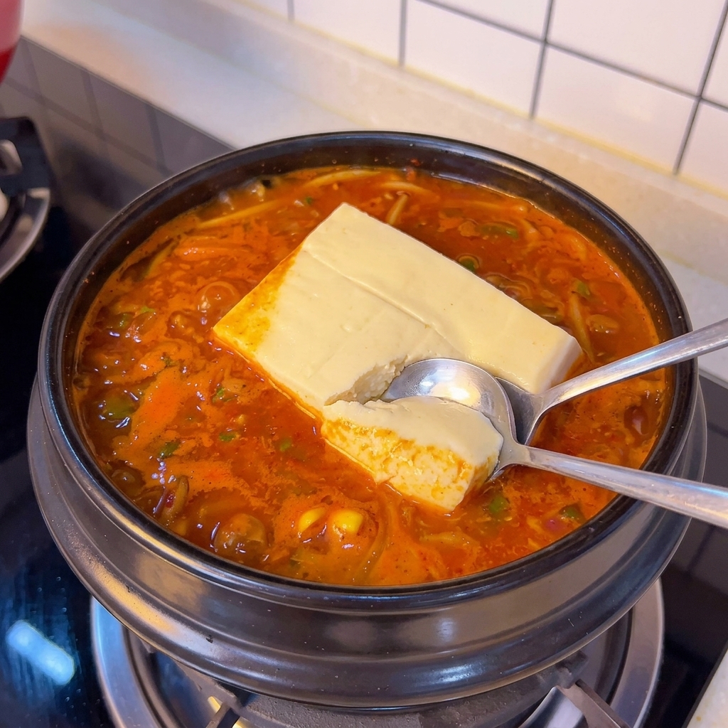 Two metal spoons carefully cutting and portioning a block of soft tofu inside a boiling pot of stew.