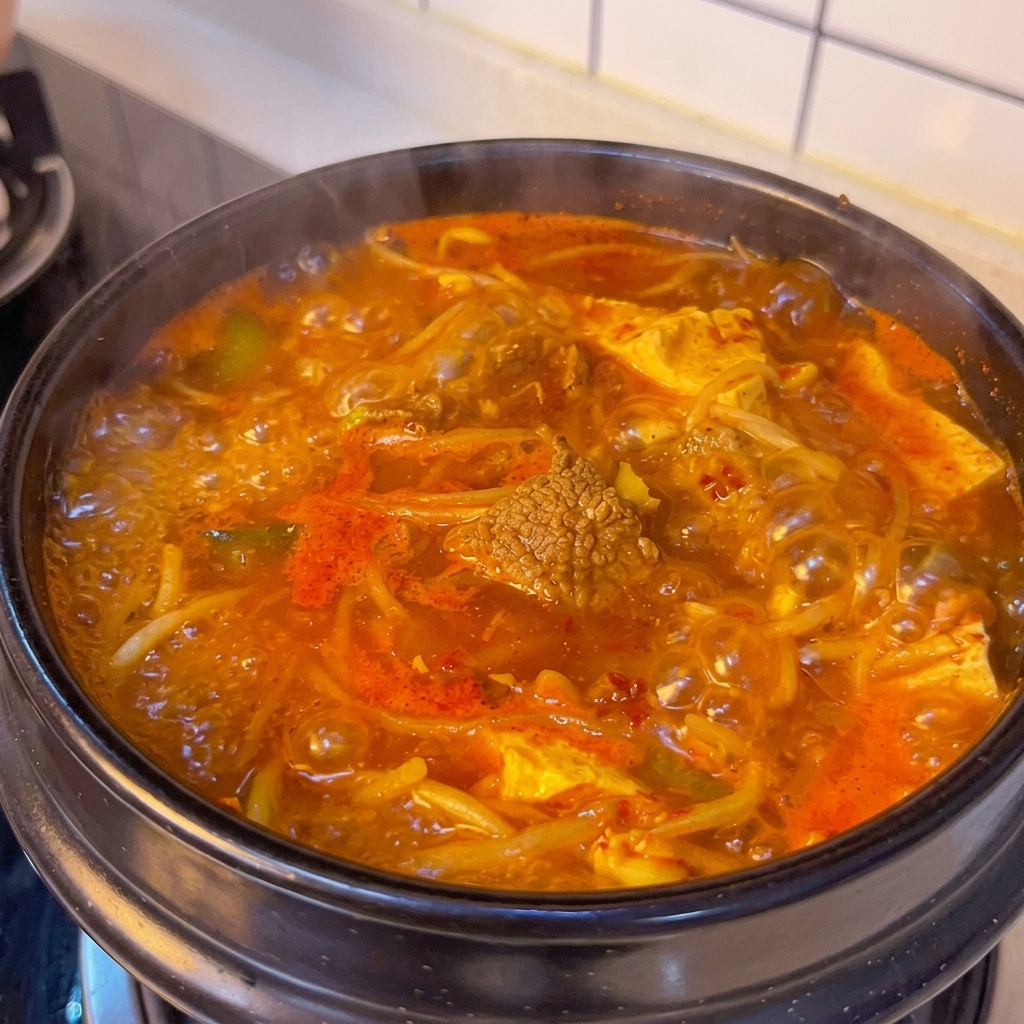 A fiery red Korean soft tofu stew bubbling vigorously in a traditional black clay pot with visible pieces of beef, tofu, and bean sprouts.