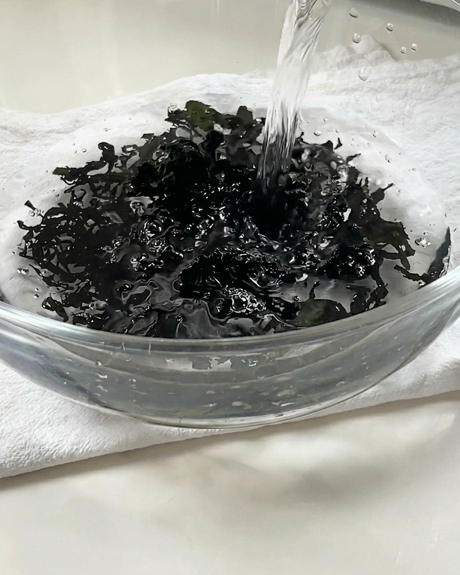 Clear warm water being poured over dry black wakame in a glass bowl.