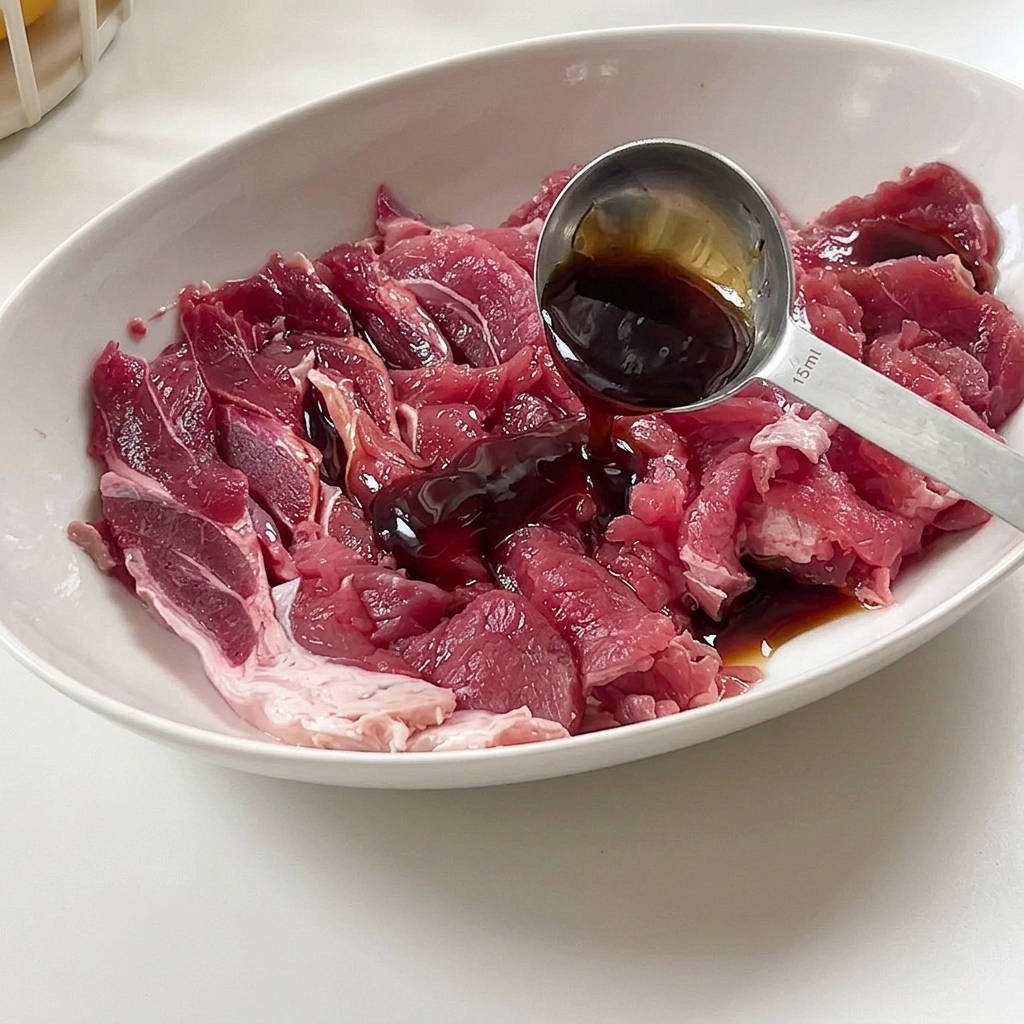 Raw sliced beef in a white bowl being seasoned with a dark liquid from a measuring spoon.
