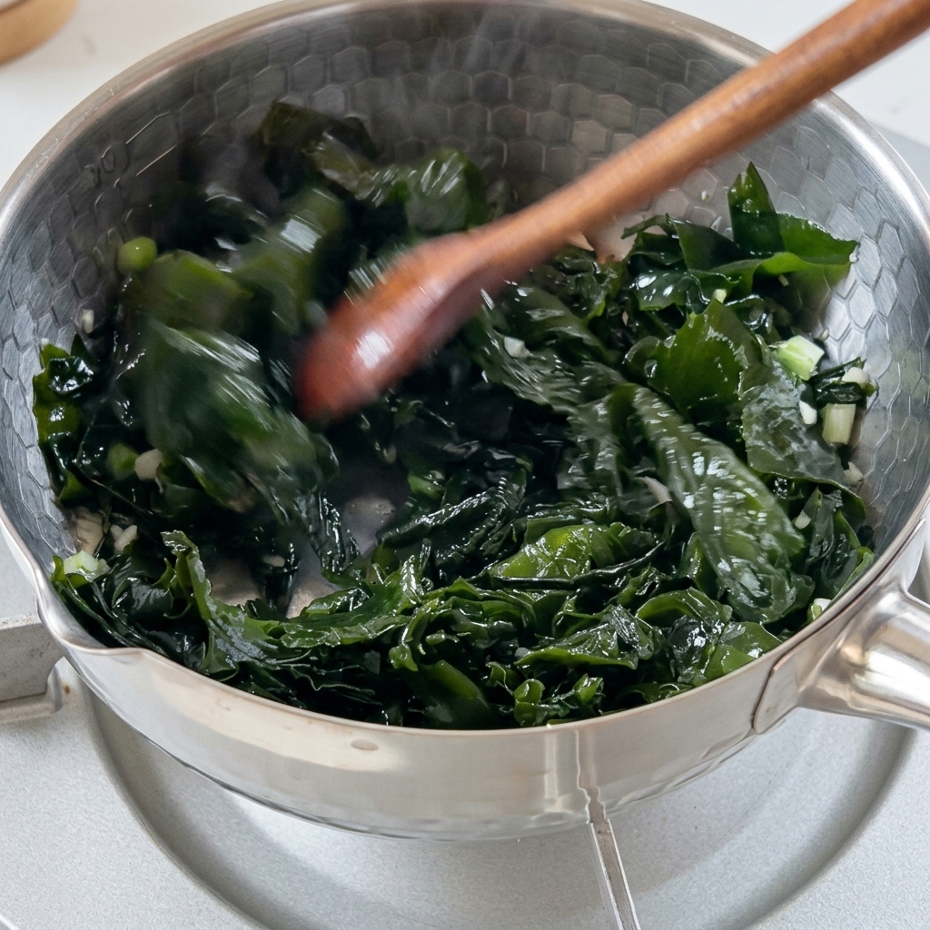 Rehydrated green wakame seaweed being stirred with aromatics in a metal pot.