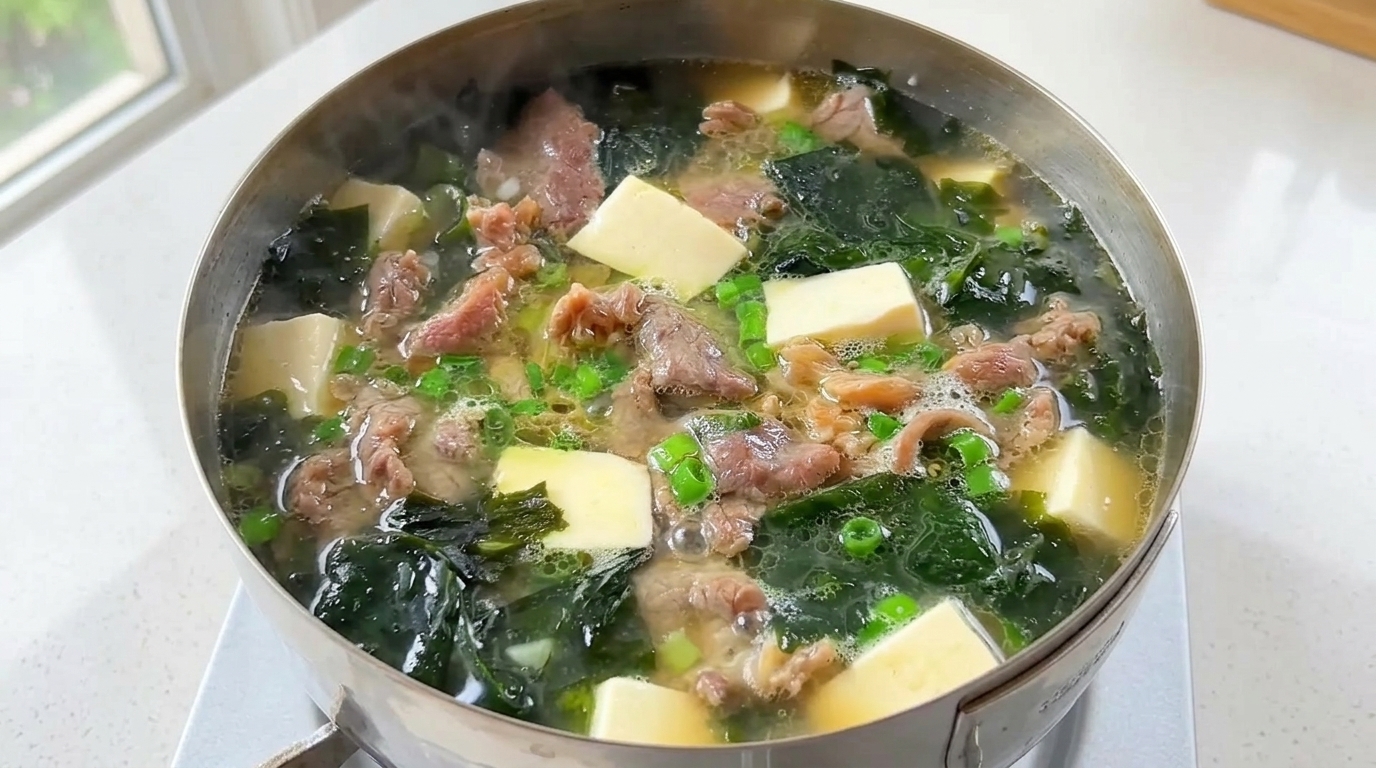 Quick Beef, Tofu & Wakame Soup
