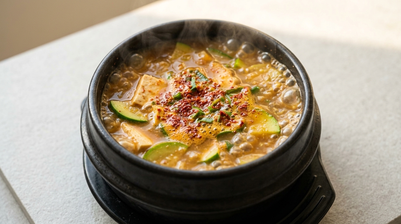 A traditional earthenware pot of bubbling hot Doenjang Jjigae, finished with a generous dusting of red chili powder.