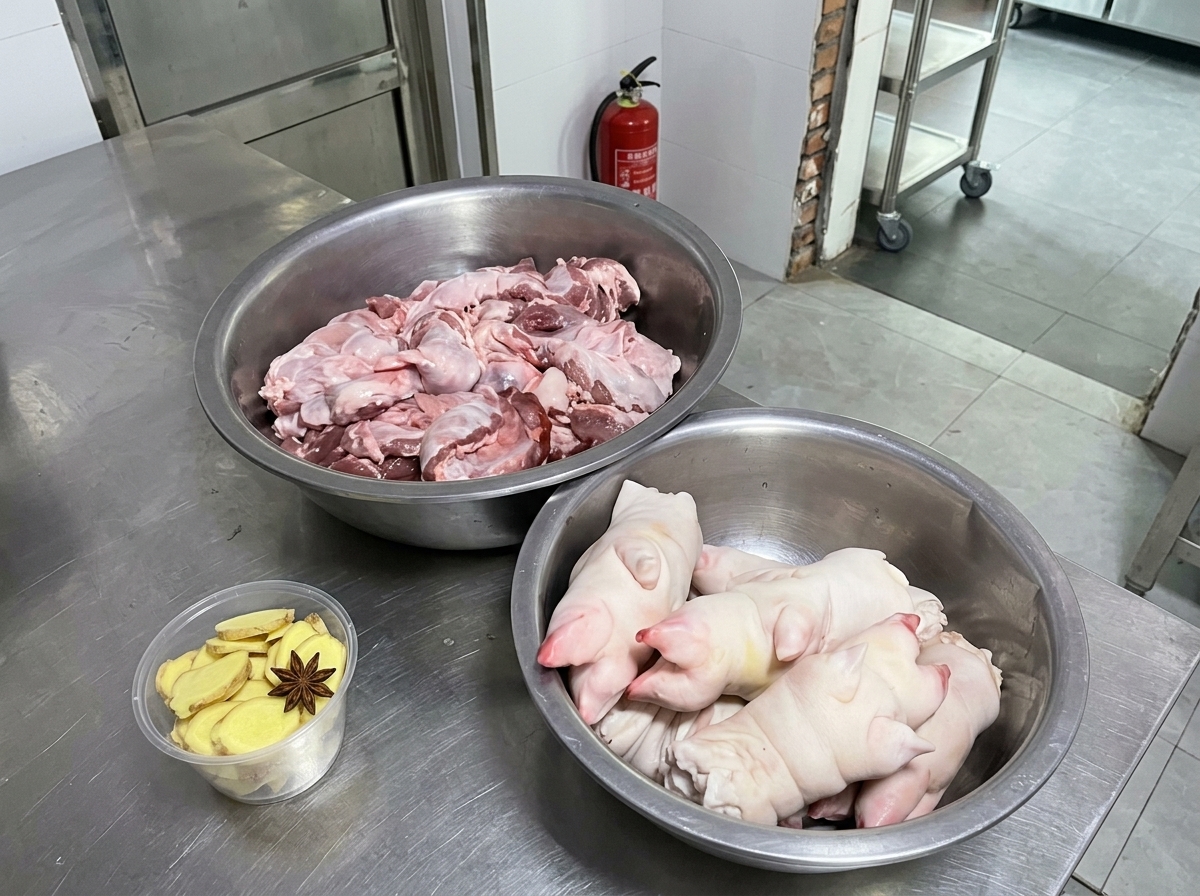 Two large stainless steel bowls containing raw pig trotters and diaphragm meat next to a small plastic cup of sliced ginger and a star anise pod.