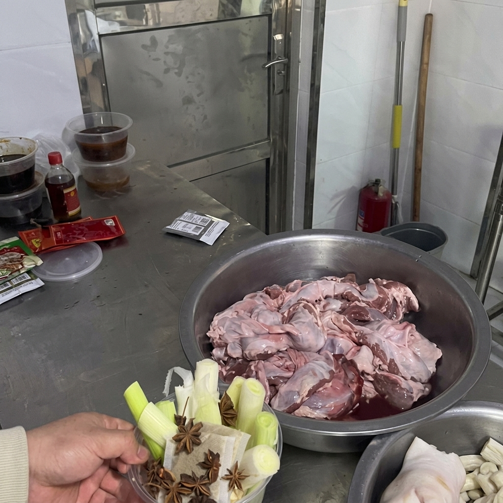A person holding a clear plastic container filled with large pieces of green scallions, sliced ginger, and star anise pods over a kitchen worktable.