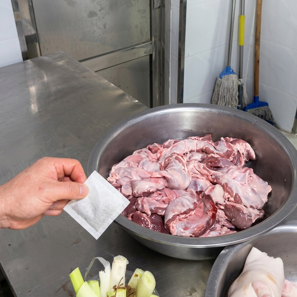 A close-up of a hand holding a small white fabric spice pouch over a large bowl of raw meat in a kitchen.