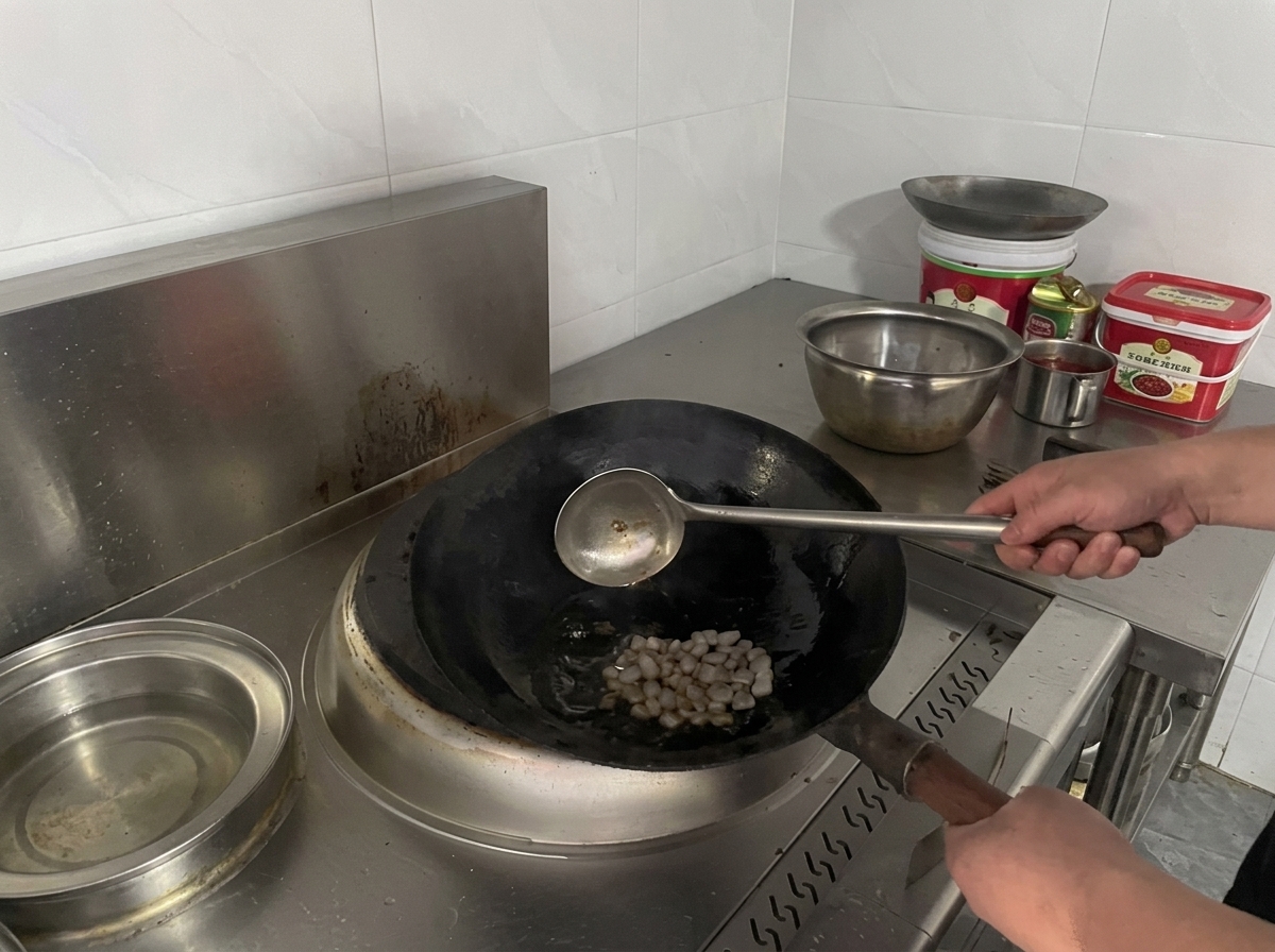A metal ladle resting in a black wok containing cooking oil and a cluster of white rock sugar pieces over a commercial stove.