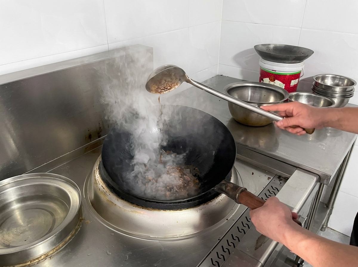 A bubbling, dark orange-red caramelized sugar syrup at the bottom of a hot wok with thick steam rising up.