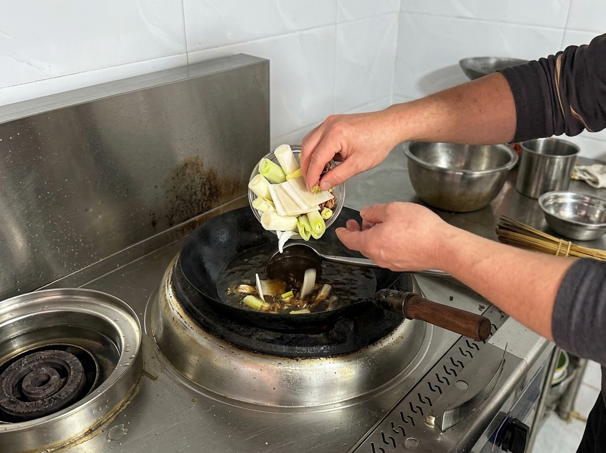 Hands pouring a bowl of fresh scallions, sliced ginger, and star anise into a dark simmering broth in a wok.
