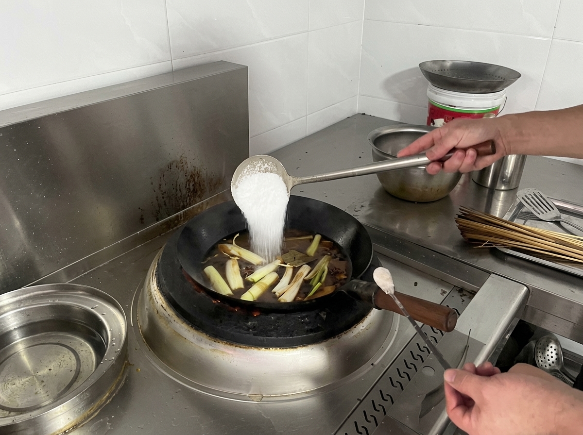 A large metal ladle pouring white salt into a simmering wok filled with dark broth and aromatics.