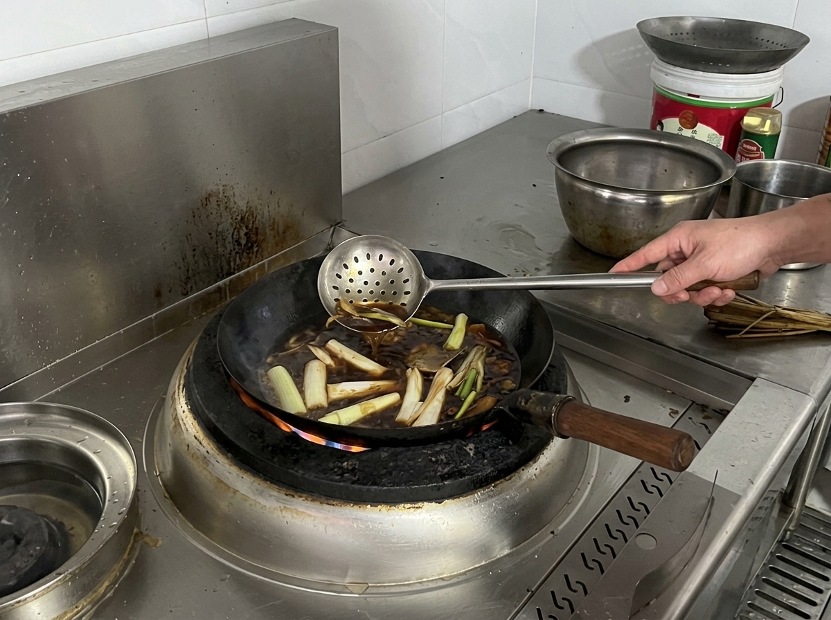 A ladle stirring a dark, simmering braising liquid in a wok containing scallions and spices as seasoning is added.