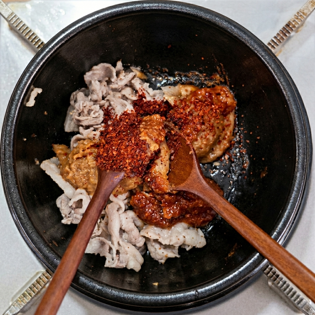 Pork belly being stir-fried with soybean paste, ssamjang, and red pepper powder using wooden spoons.