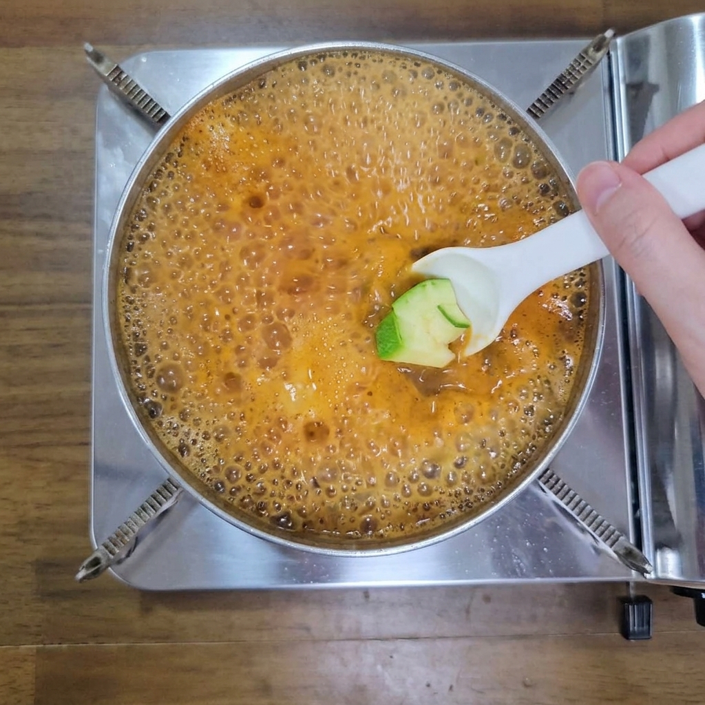 A hand using a white spoon to add chopped green zucchini into a pot of rapidly boiling, orange-colored soybean paste stew.