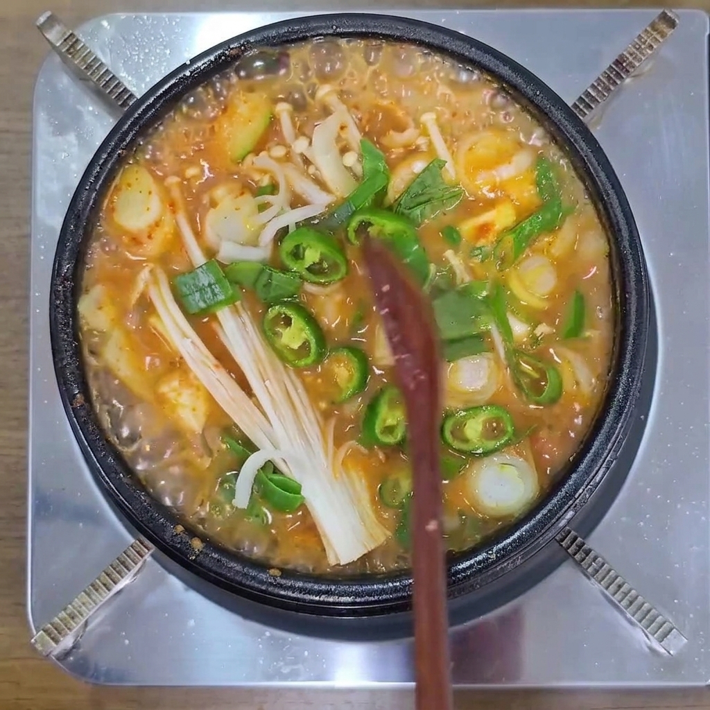 Sliced green chili peppers, enoki mushrooms, and green onions simmering in a hot, bubbling pot of Korean soybean paste stew.