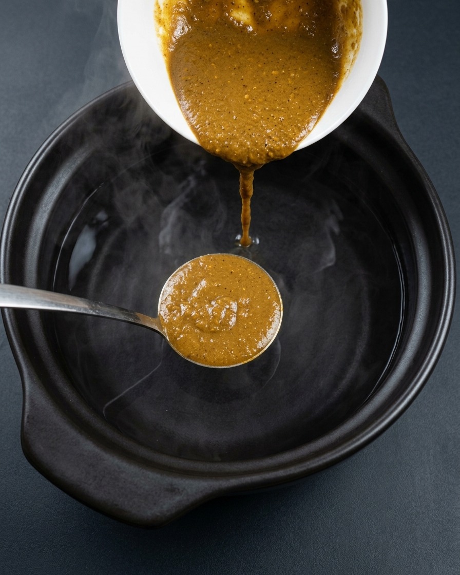 A spoonful of thick, brown Northeast soybean paste being poured into a steaming clay pot filled with hot water.