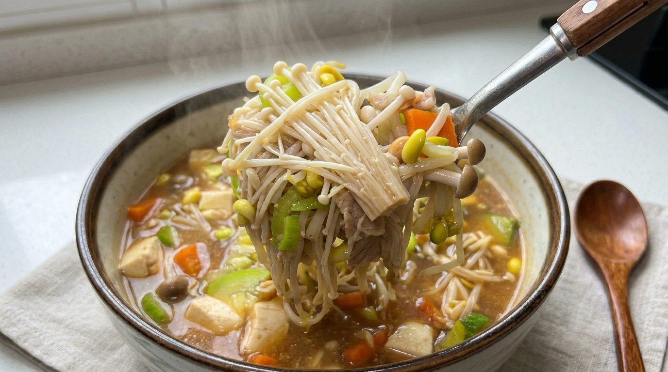 A close-up of a ladle lifting steaming cooked soybean sprouts, enoki mushrooms, pork, and vegetables from a rich broth.