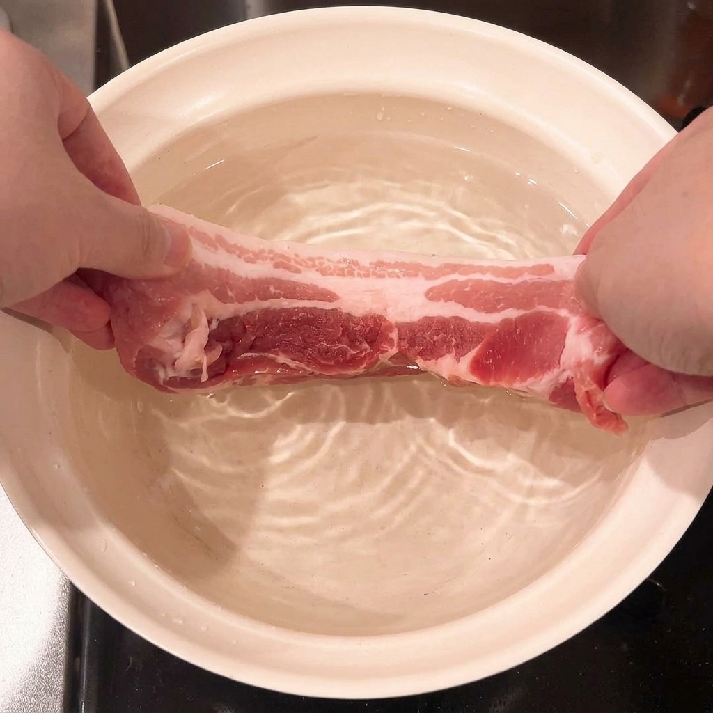 A raw strip of pork belly being submerged in a pot of cold water.