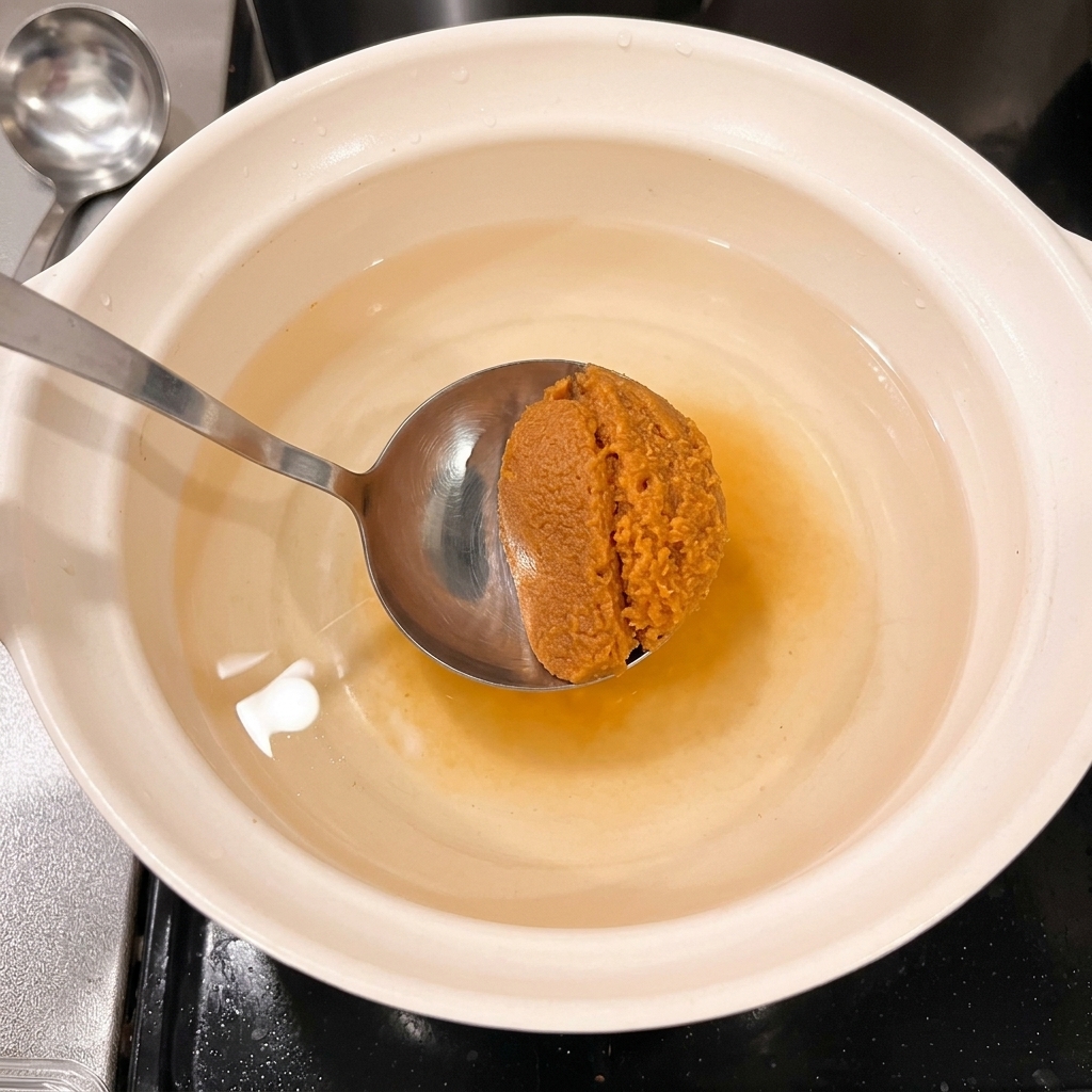 A spoonful of miso paste being stirred into the liquid in the cooking pot.