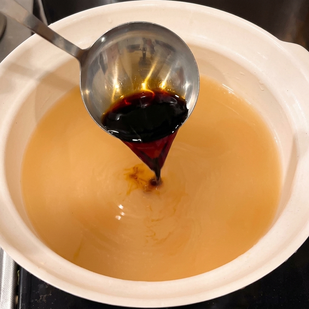 Dark soy sauce being poured from a metal ladle into a light-colored broth inside a white ceramic pot.