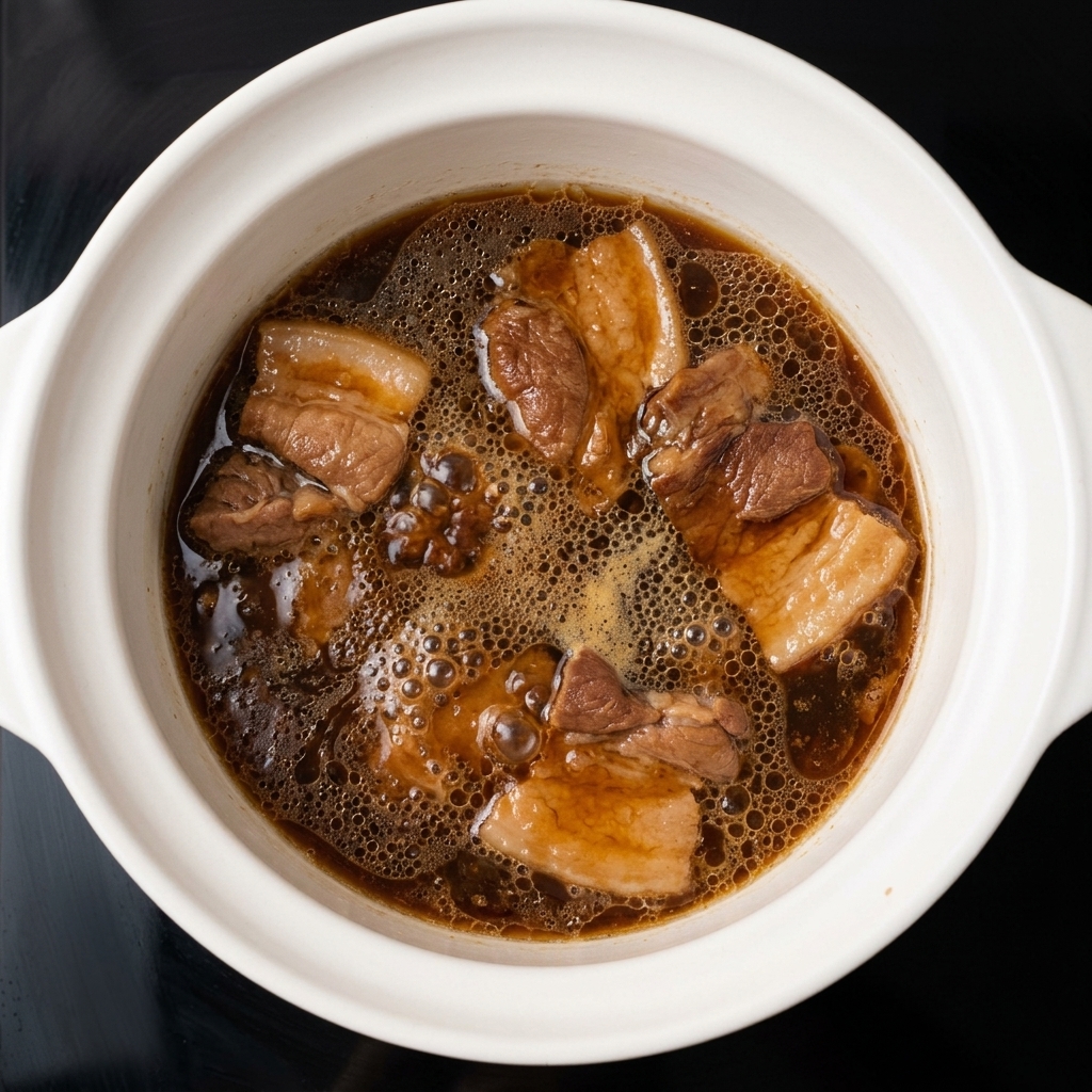 Chunks of pork belly simmering uncovered in a dark, vigorously bubbling sauce inside a white pot.