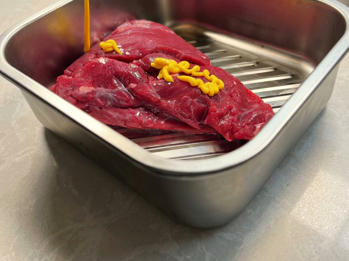 A raw beef brisket sitting in a stainless steel tray with mustard being applied to its surface.