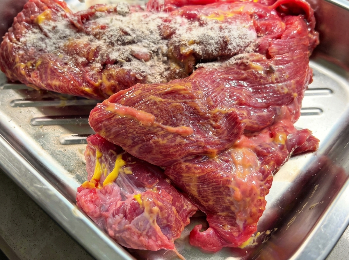 A piece of raw beef brisket in a stainless steel tray coated with a dry spice rub.