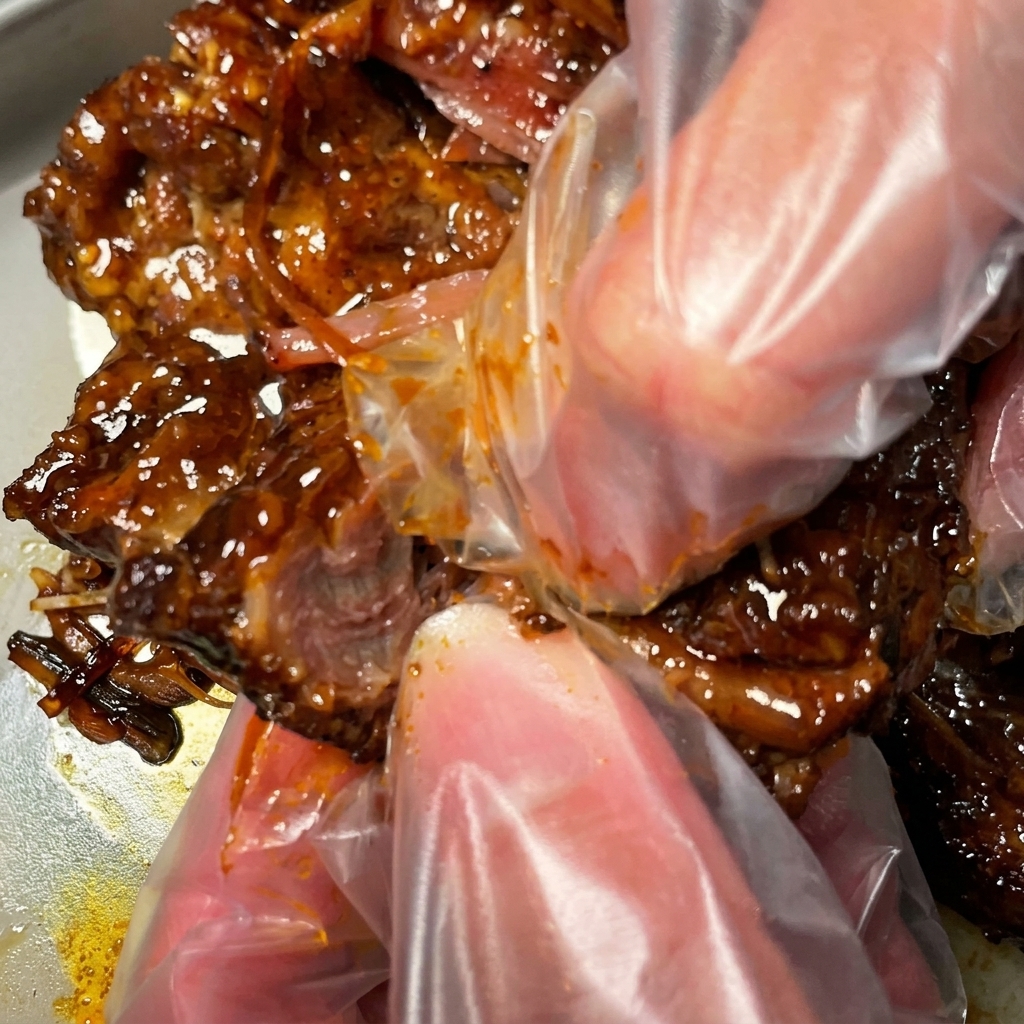 Hands wearing plastic gloves shredding a cooked piece of beef brisket into smaller, tender strands.