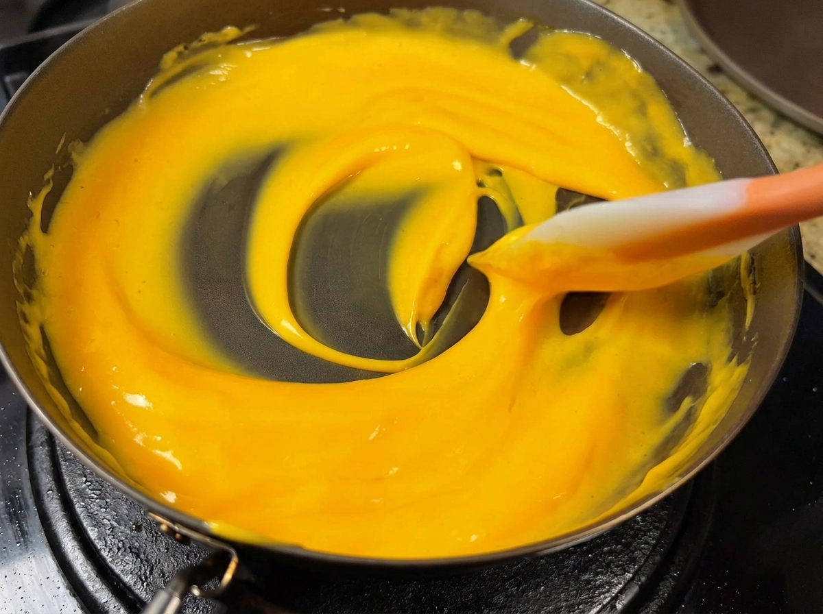 A yellow, creamy cheese sauce being stirred in a non-stick pan with a silicone spatula.