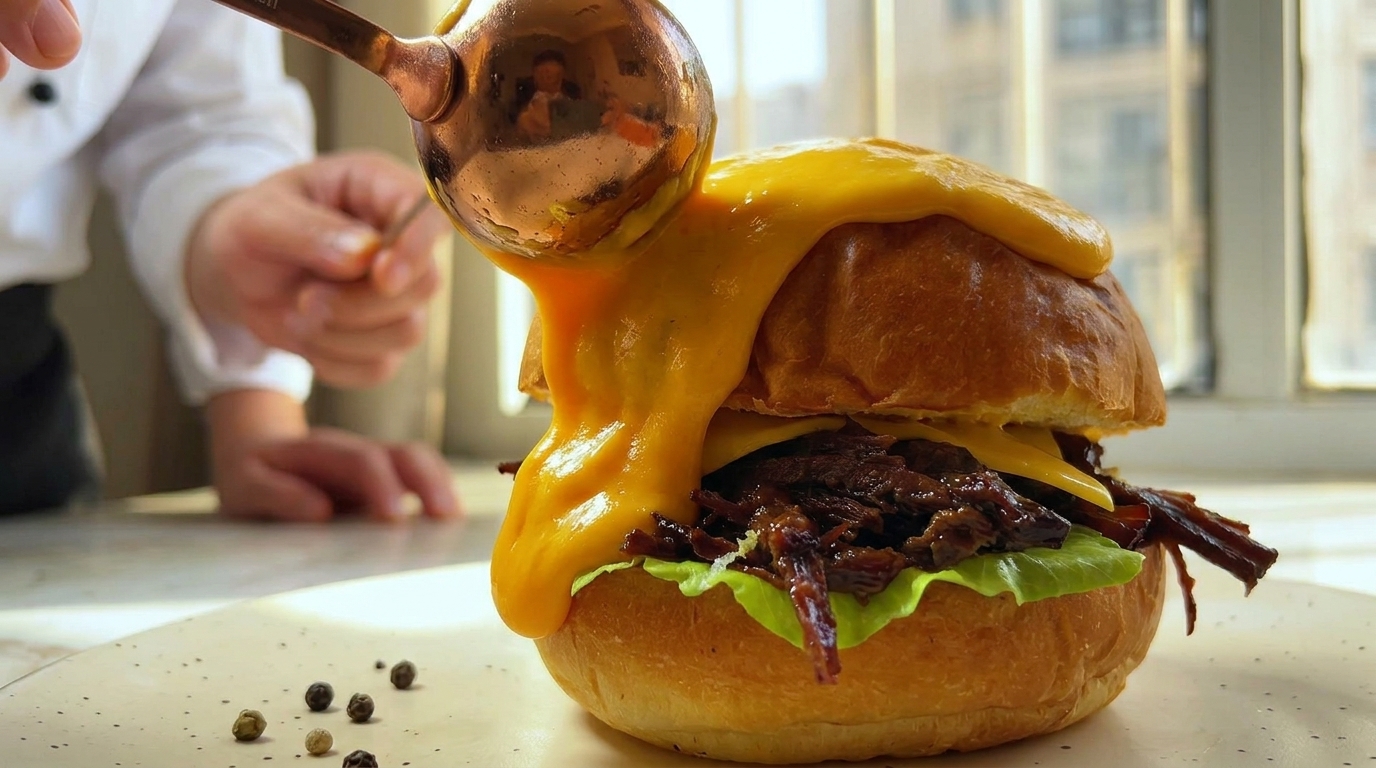 A juicy pulled beef burger crowned with a rich, cascading cheese sauce.