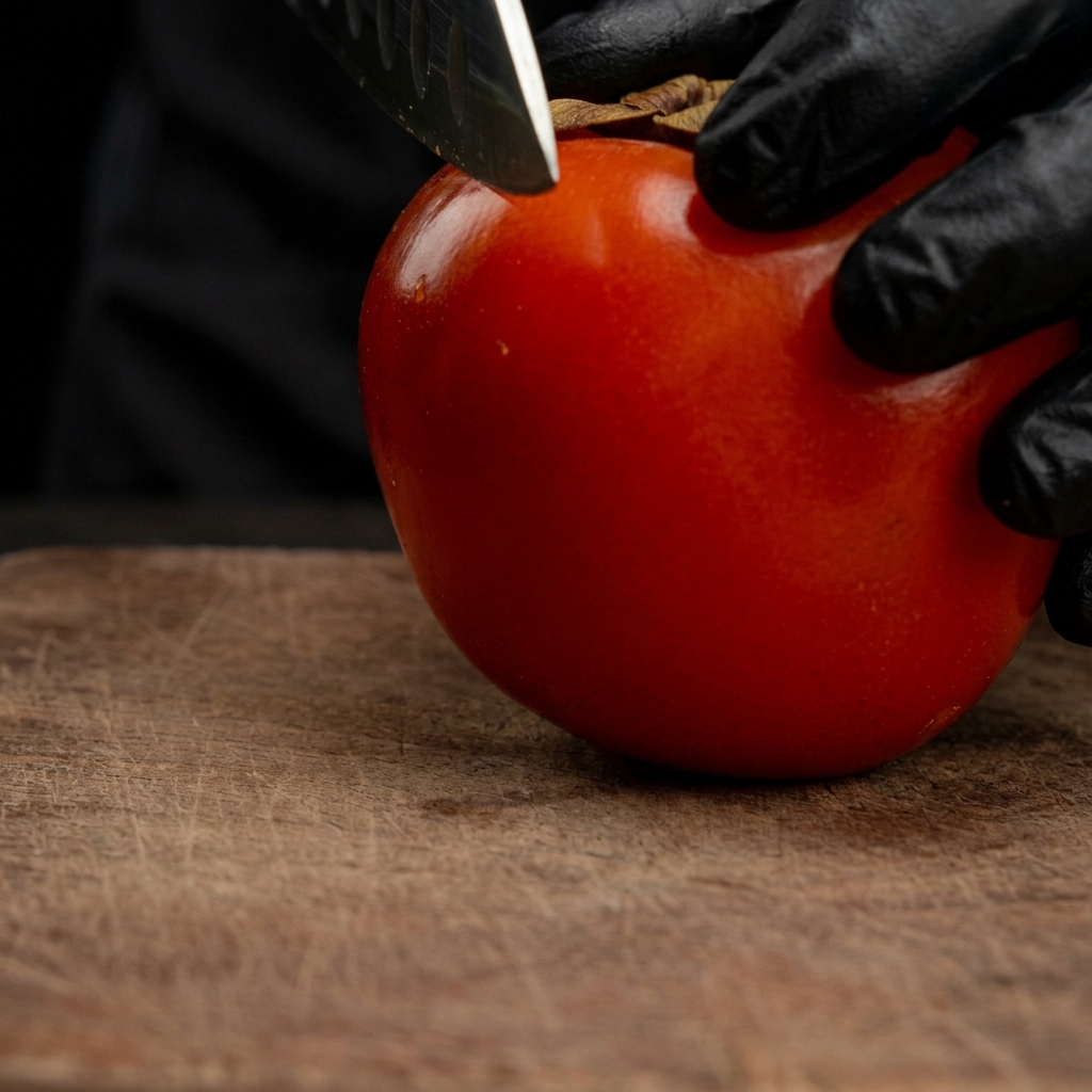 A gloved hand using a sharp knife to slice a vibrant red tomato into thick rounds on a wooden board.