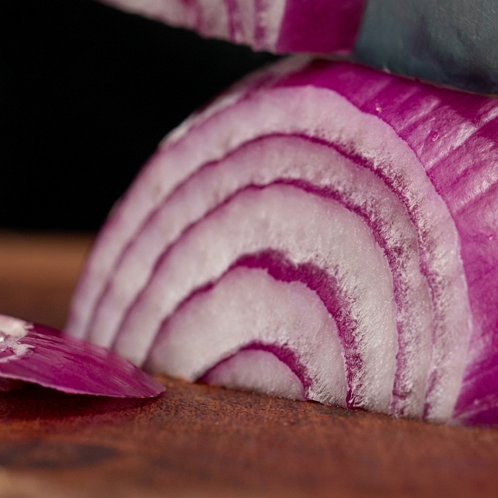 An extreme close-up of a knife slicing through a fresh red onion to create thin, crisp rings on a cutting board.