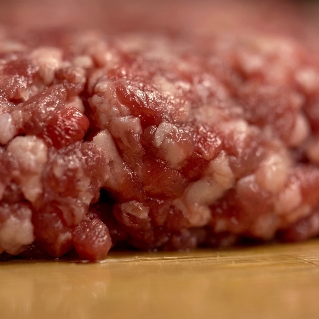 A close-up of raw ground beef being shaped into a thick, round patty on a wooden surface.