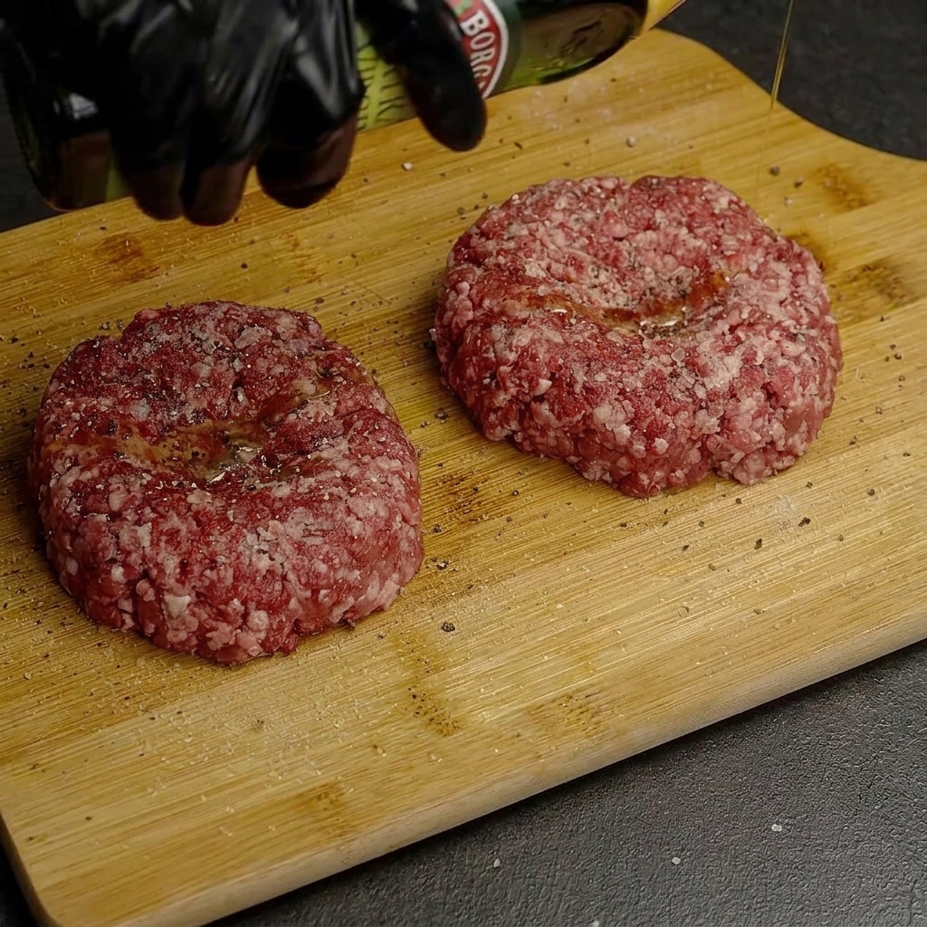 Raw beef patties on a wooden board being seasoned with salt, pepper, and olive oil.