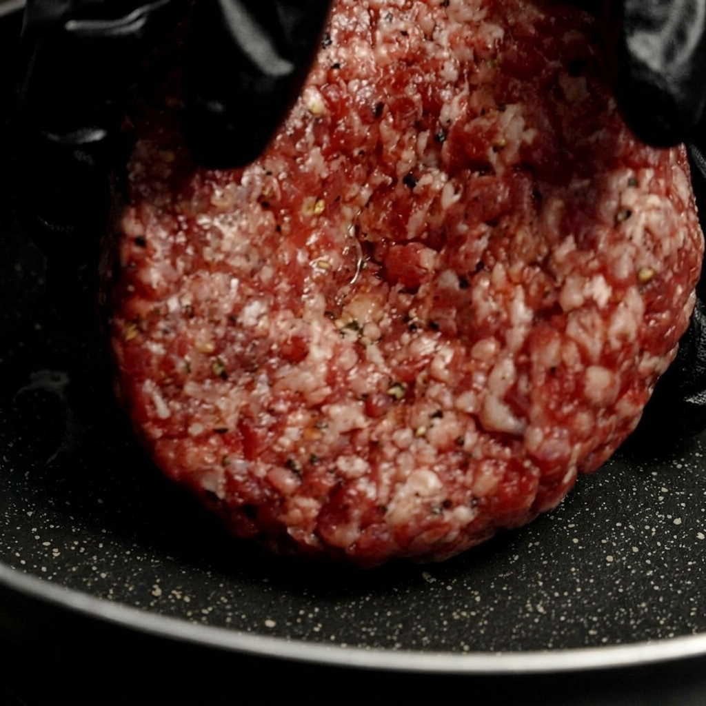 A gloved hand carefully placing a thick, beautifully seasoned raw ground beef patty into a hot, dark frying pan.