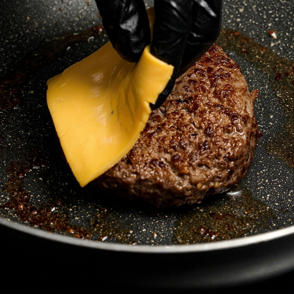 A cooked, browned burger patty in a frying pan with a slice of yellow cheese being placed on top.