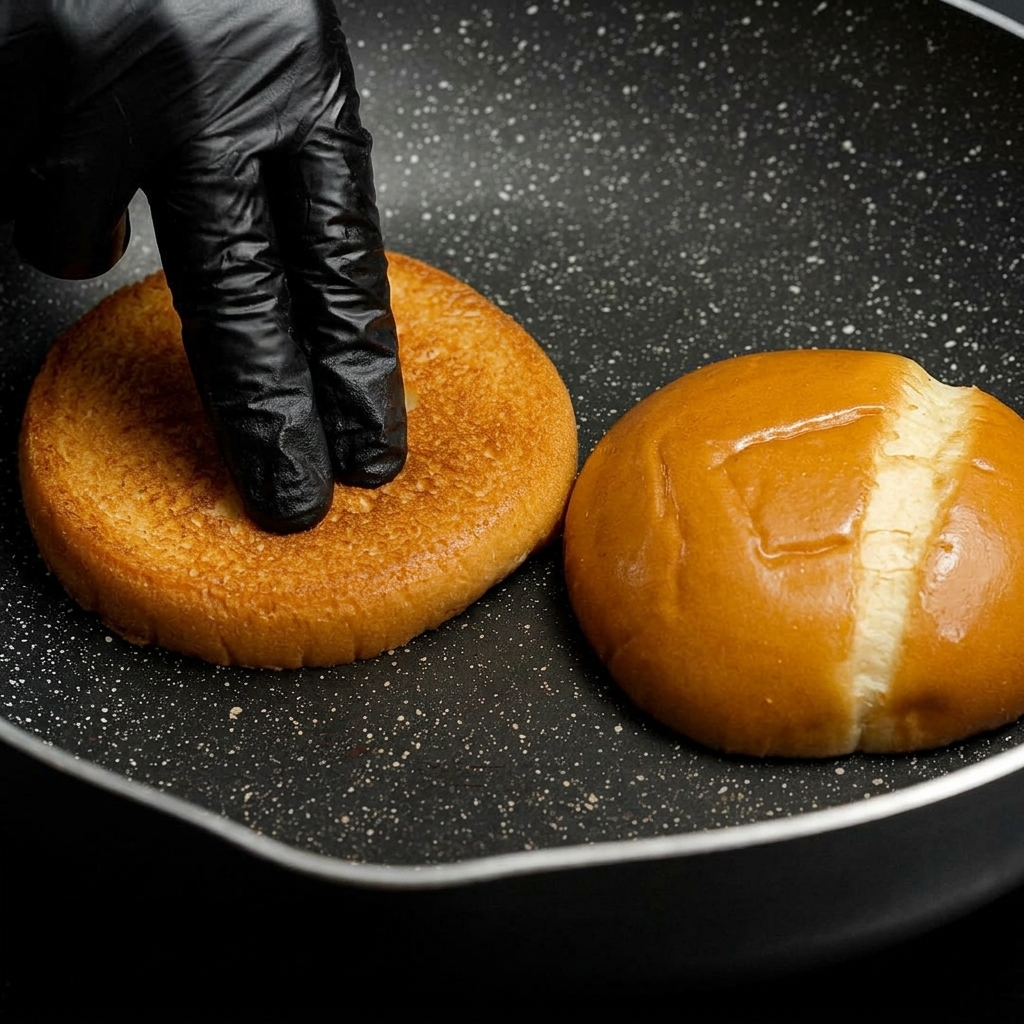 Two halves of a burger bun being toasted face-down in a hot frying pan.