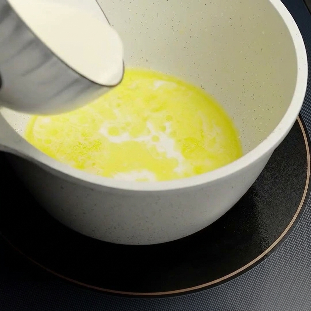 A small white pot on a stove with melted butter, into which milk and cream are being poured.