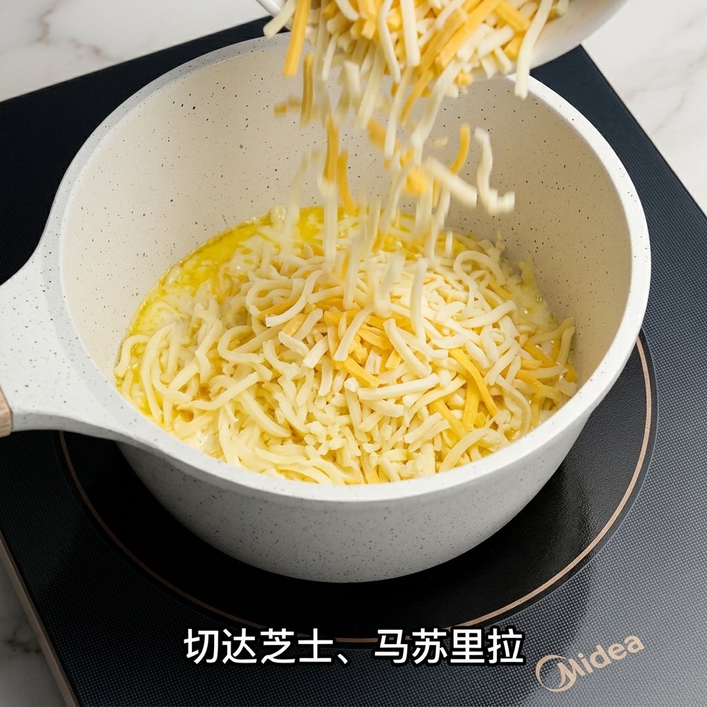 Shredded mozzarella and cheddar cheese being added into a pot containing a warm cream base.