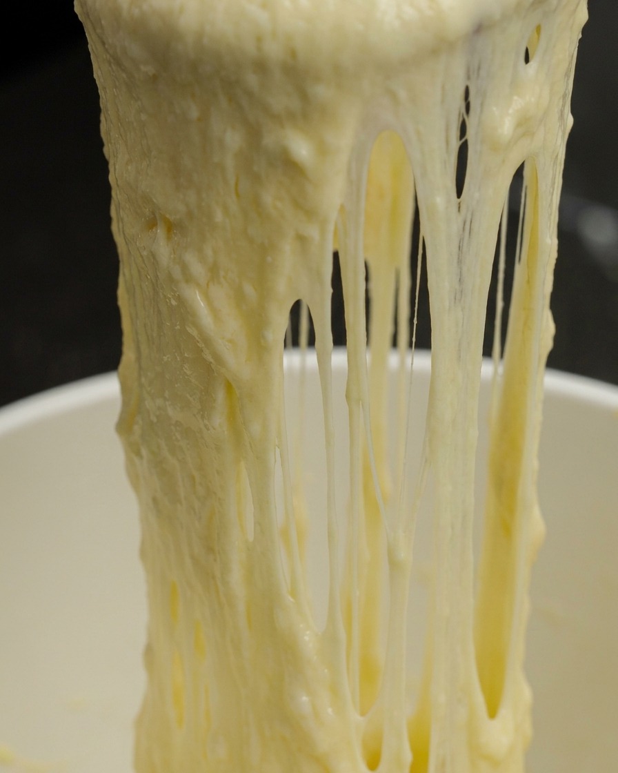 Close up of a smooth stretchy cheese sauce being lifted with a spatula from a pot